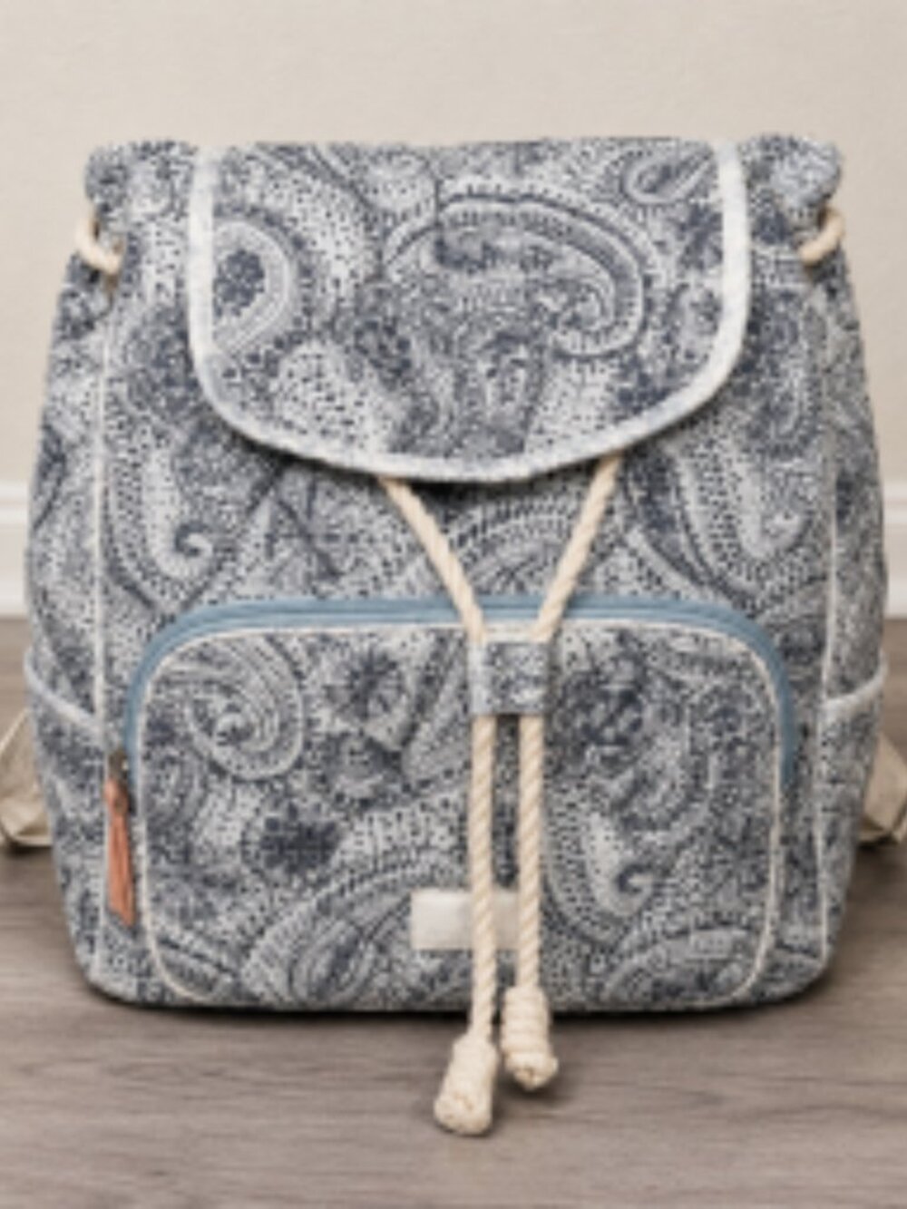 Rachel Ashwell Boho Shabby Chic Quilted Paisley  Blue Drawstring Backpack